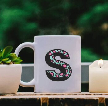 Personalised White Mug with Green and Pink Snake like Initial Print