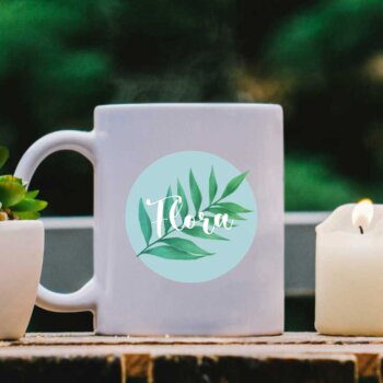 White Mug with Leaf, Light Blue Pastel and Name design