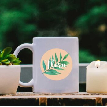 White Mug with Leaf, Peach Pastel and Name design