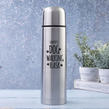 Personalised 500ml Silver Insulated Vacuum Flask with Dog Walking Design