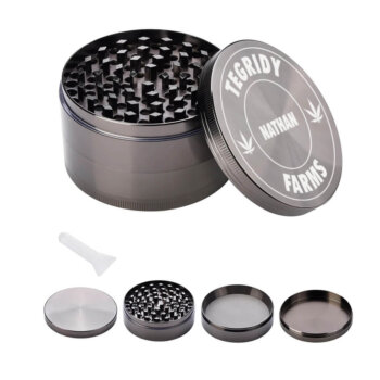 Personalised 50mm 4 Part Gun Metal Herb Grinder with Tegridy Farm Design - exploded view