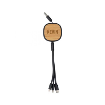 Personalised Retractable Multi Charging cable with bamboo accent