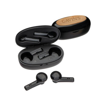 Personalised Black Bluetooth earphones with engraveable bamboo top case